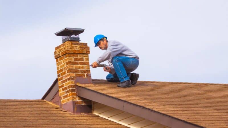a contractor inspecting a chimney masonry